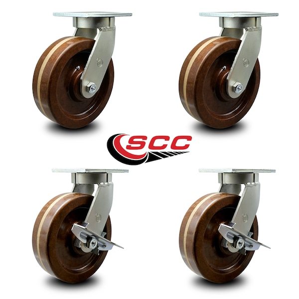 12 Inch Heavy Duty High Temp Phenolic Swivel Caster Set with 2 Brakes, 4PK